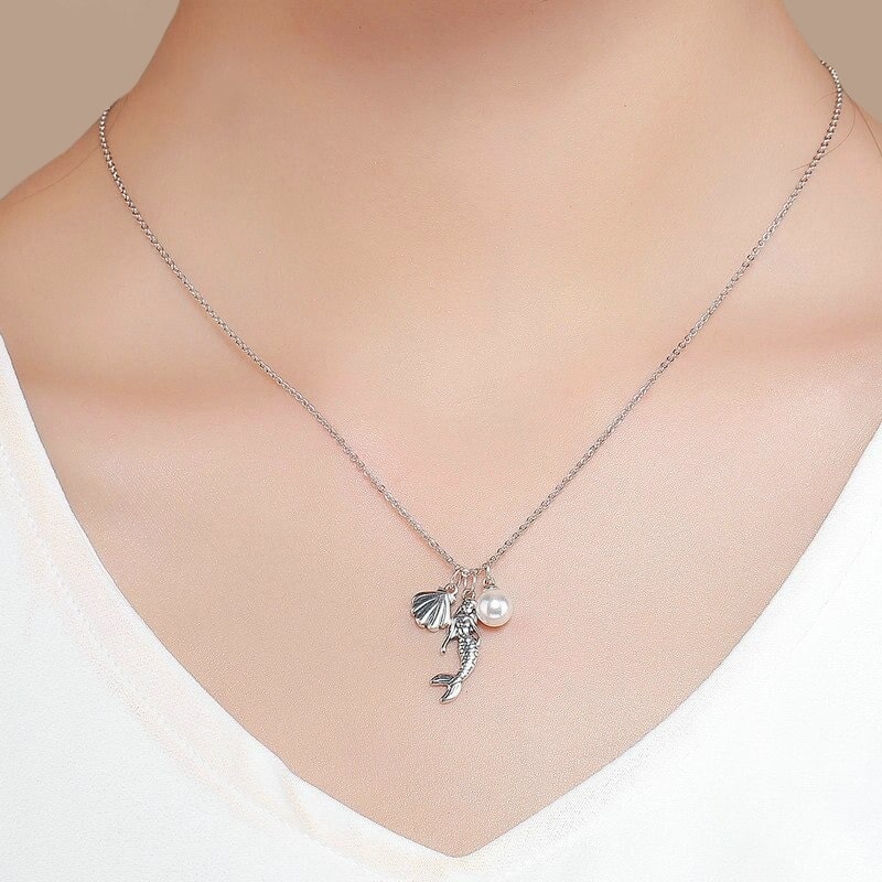 Collier Sirène Pendentif Coquillage Plaqué Platine Zirconium - Inspiré H2O - Cadeau Femme