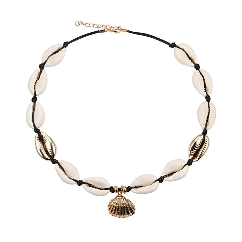 Collier coquillage blanc noir doré