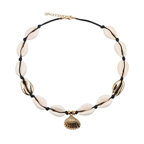Collier coquillage blanc noir doré